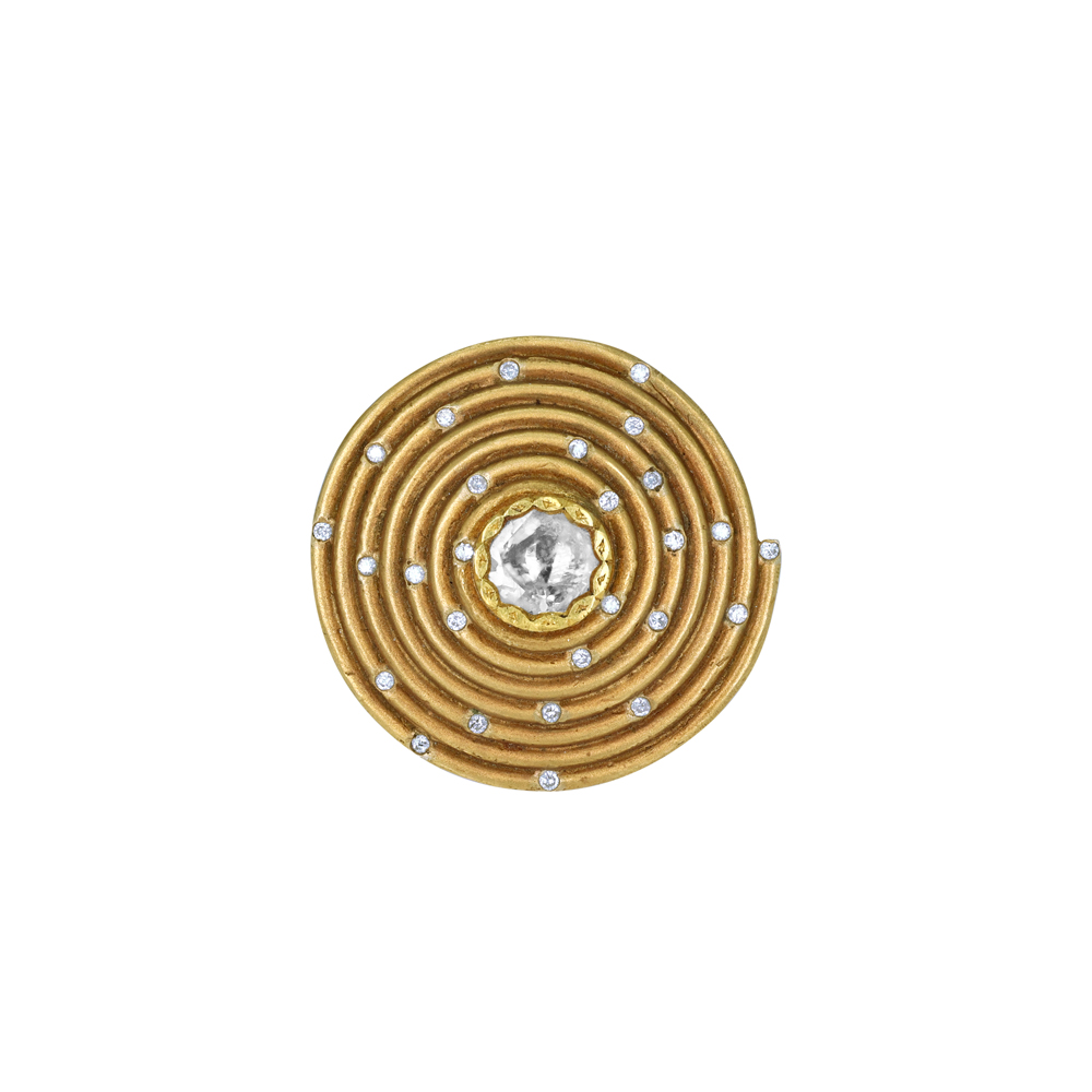 Gold Spiral Ring with Diamonds and Central Polki